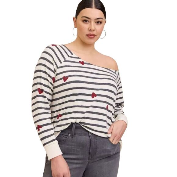 Torrid Off-Shoulder Lt Weight French Terry Stripe & Hearts Sweatshirt Size 1 1x - Picture 1 of 6